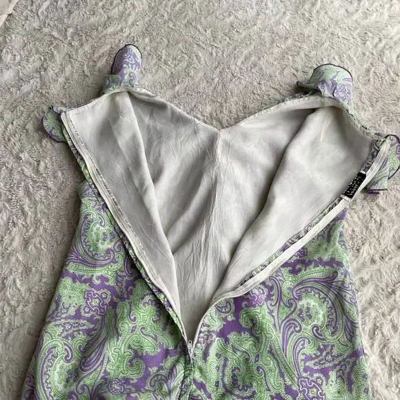 Vintage 60s ruffle front paisley print drop‎ waist midi dress lilac purple green - Picture 8 of 15